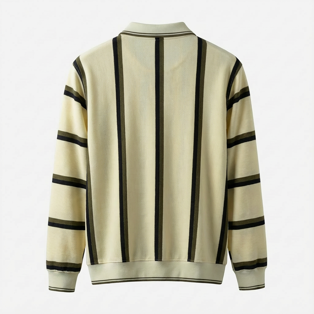 "Linear" Multi-Stripe Half Zip Knit Sweater