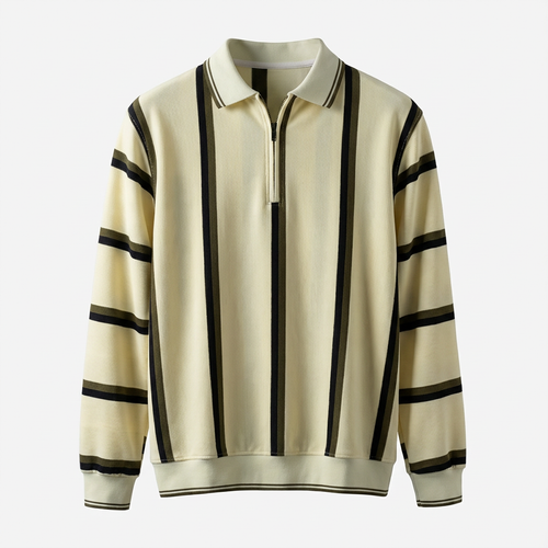 "Linear" Multi-Stripe Half Zip Knit Sweater